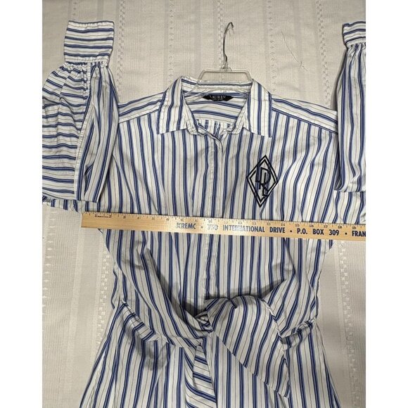 Lauren Ralph Lauren Broadcloth Blue White Striped Shirt Dress Tie  Embroidered 8 - Picture 6 of 12